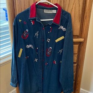 Dressbarn Blue Denim Shirt with Red Collar and Embroidery